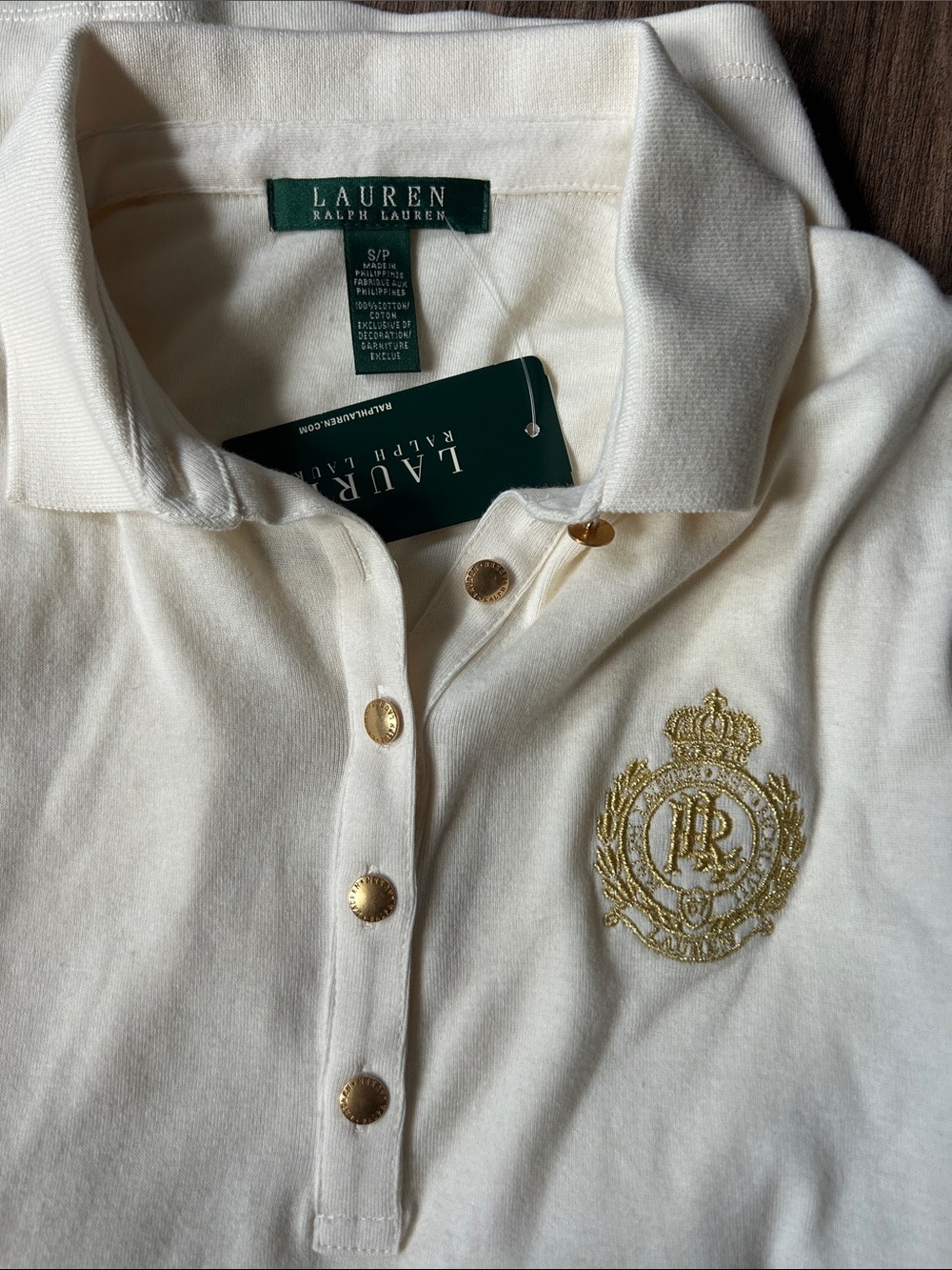 Lauren Ralph Lauren Cream 3/4 Sleeve Polo Gold Crest Buttons S/P NWT As is - Picture 7 of 10